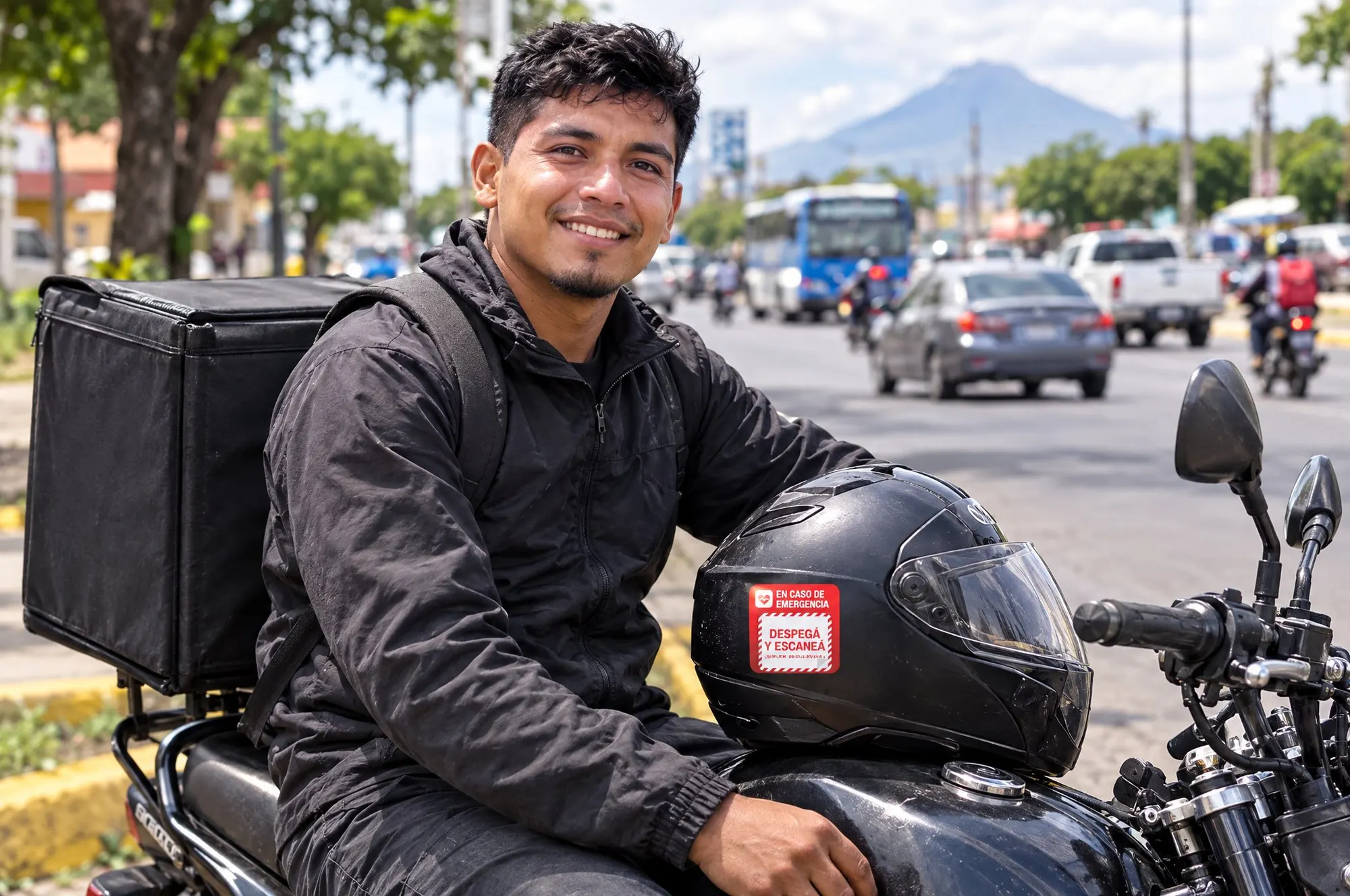 Delivery rider on a motorcycle, with the Mi Vida ID sticker on the helmet