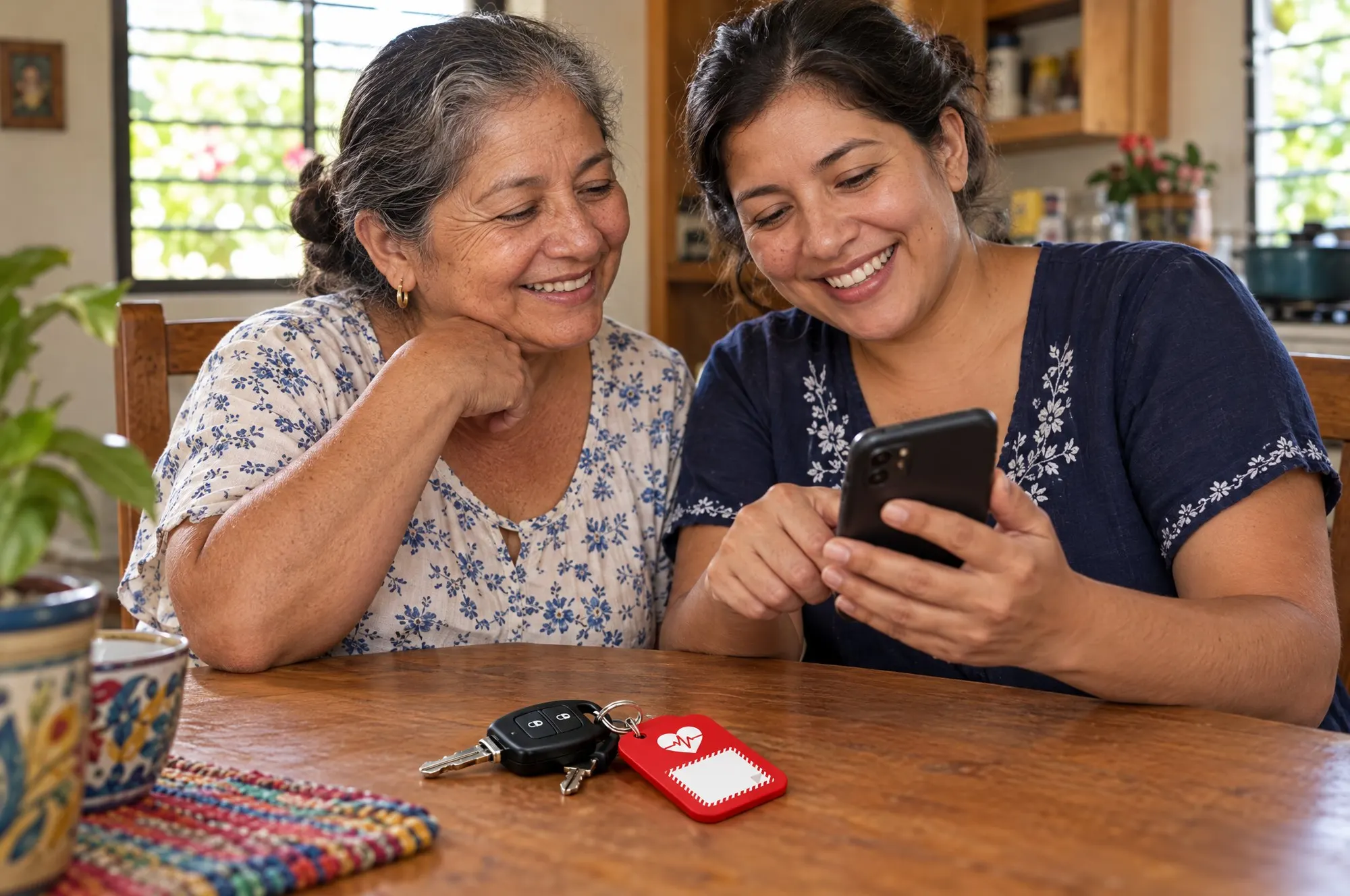A mother and daughter in front of a phone, with the keys and the Mi Vida ID keychain on the table