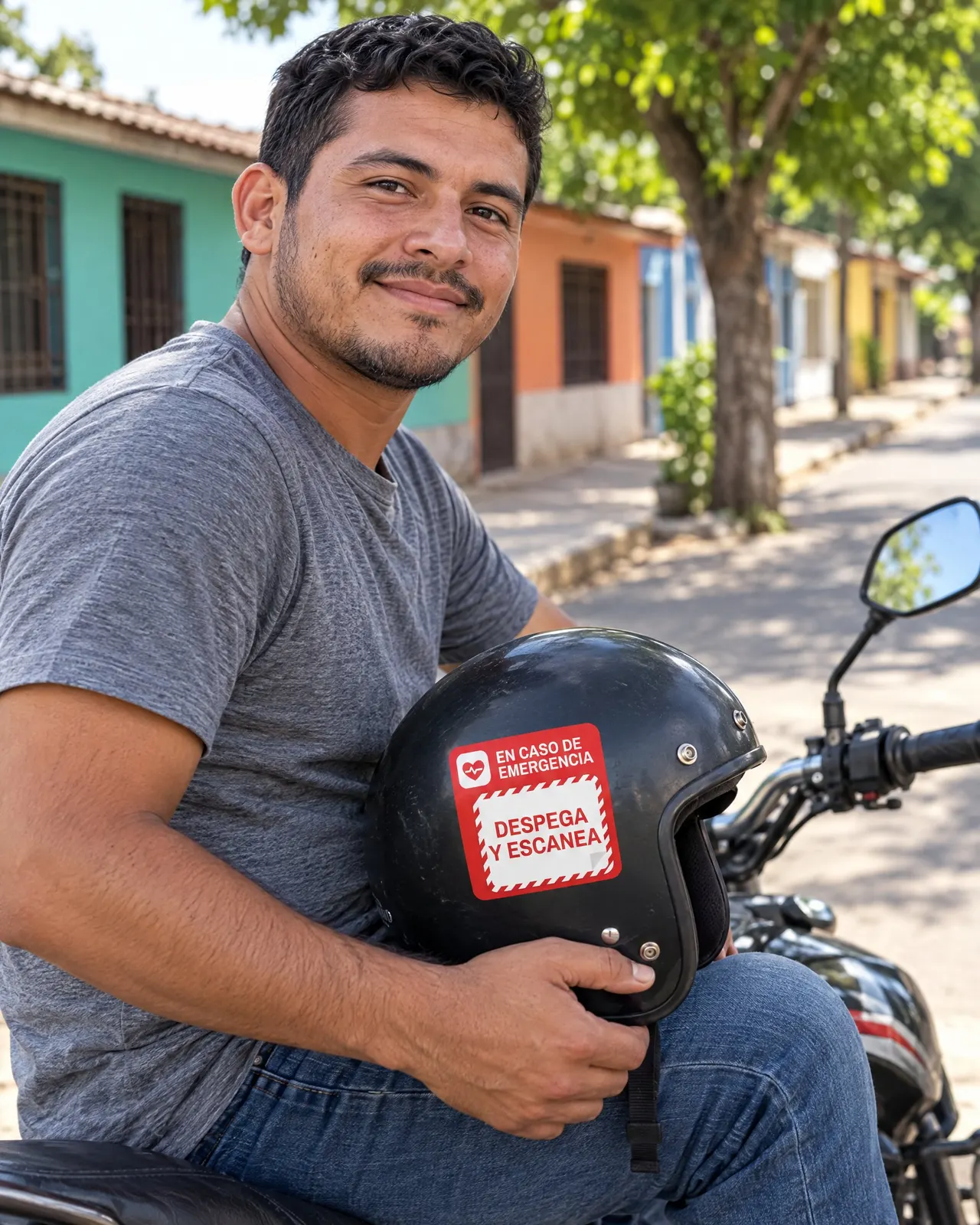 Motorcycle rider with a helmet that carries the Mi Vida ID sticker